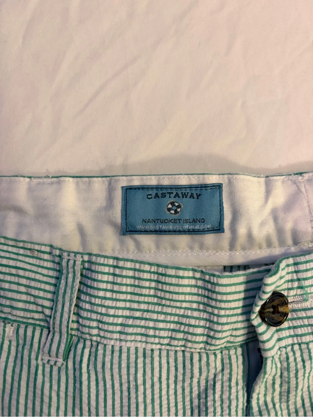Castaway Green & White Seersucker Chinos with Pink Embroidered Pigs